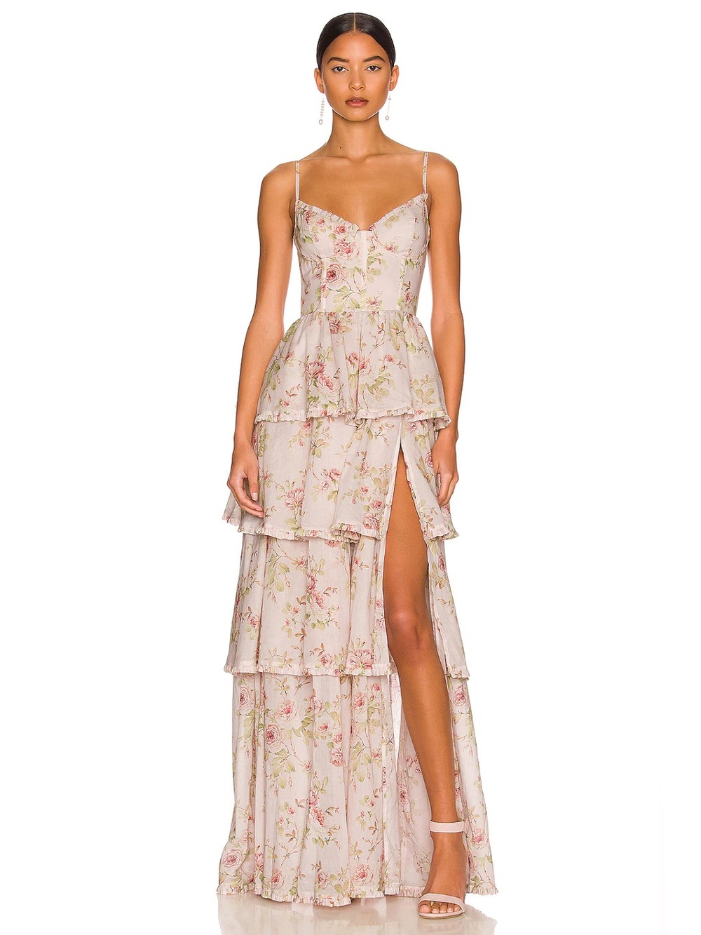 NEW! V. Chapman Caterina Dress Tiered Floral Corset Maxi Gown Pink Rose Print